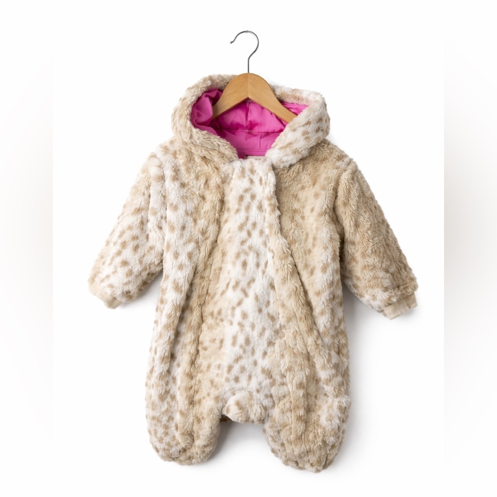 RUUM Baby Faux Fur Hooded Bunting Snowsuit Cream Leopard 6-12 Months HTF